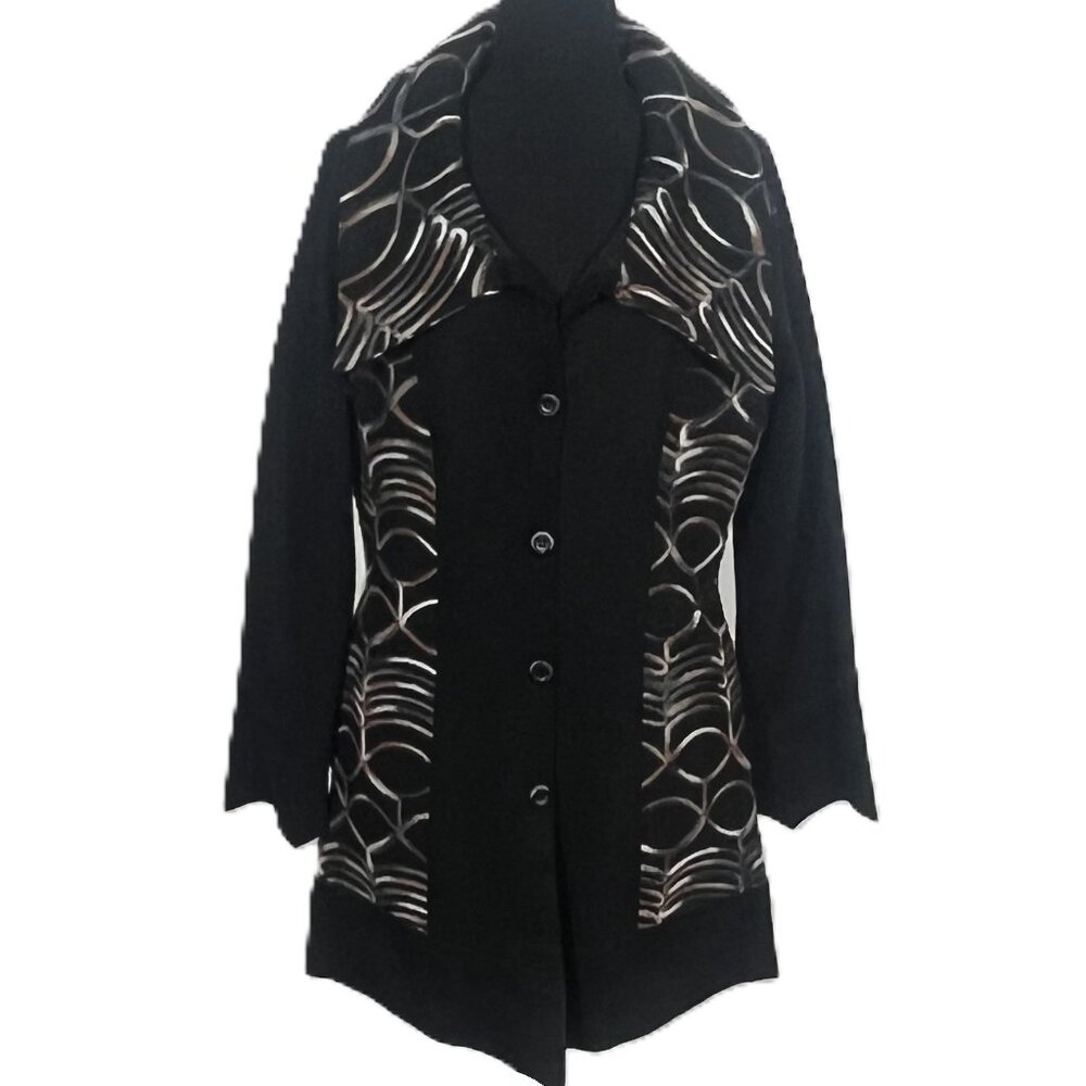 BLACK FAUX SUEDE WITH MULTI COLOR ABSTRACT INSET AND COLLAR